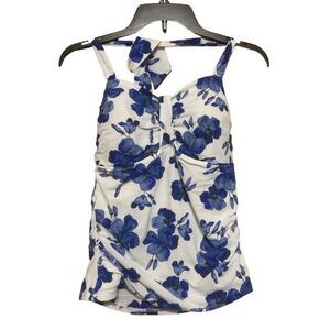 Lands End Blue White Floral Tankini Swimsuit Swim Top Womens Size 12 Padded Bra